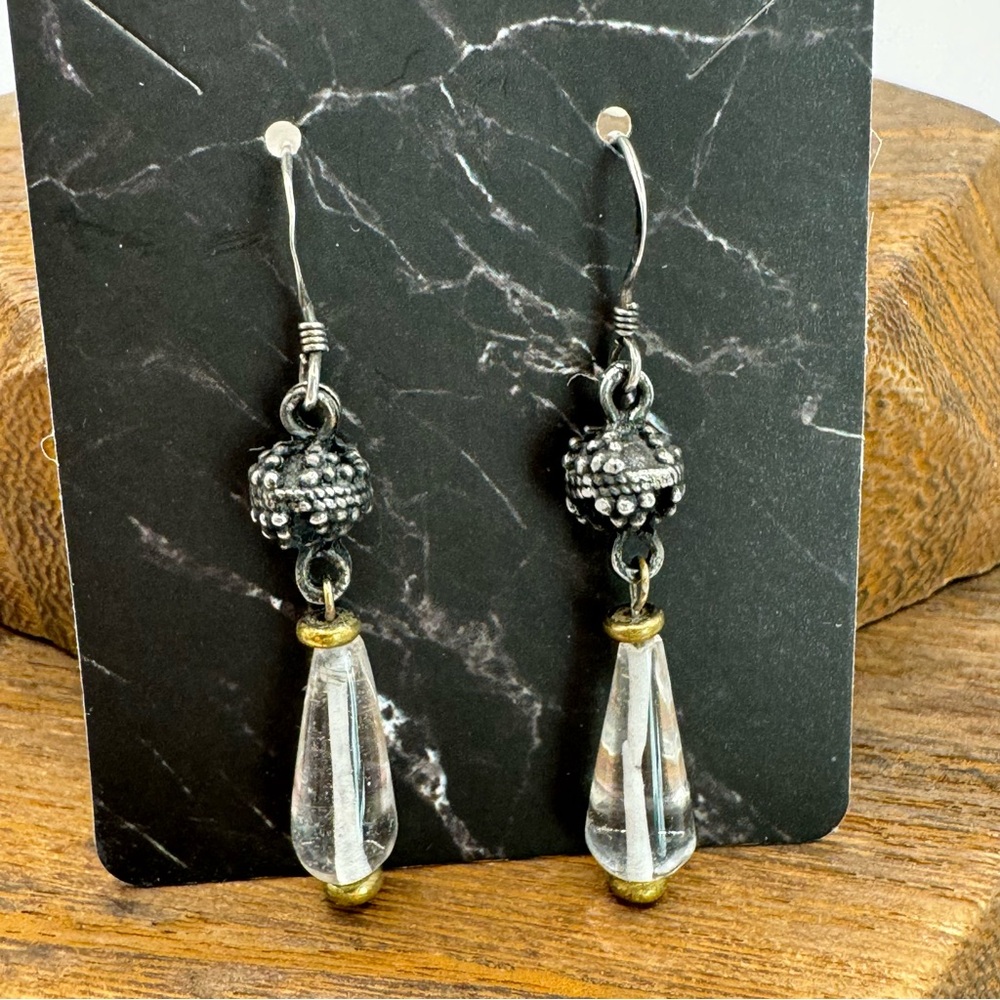 Vintage Sterling silver brass and clear glass drop bead dangle earrings
